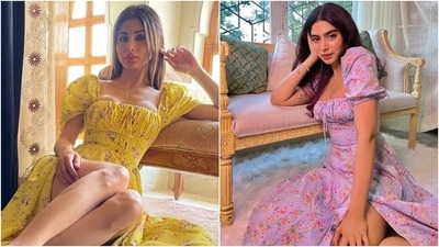 Mouni Roy or Khushi Kapoor, who wore the risqué thigh-slit floral dress better? (Instagram/@imouniroy, @khushi05k)