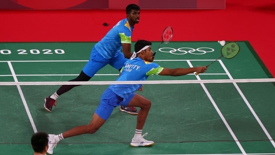 Chirag Shetty with Satwiksairaj Rankireddy during their match against Lee Yang of Taiwan and Wang Chi-Lin of Taiwan in the Badminton Men's Doubles group stage at Musashino Forest Sport Plaza, in Tokyo on July 24. They lost to Indonesia’s Gideon Marcus Fernaldi and Sukamuljo Kevin Sanjaya on July 26.(Leonhard Foeger / REUTERS)