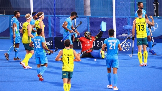 Sreejesh Parattu Raveendran of India makes a save against Australia during Men’s Hockey Pool A match, at Oi Hockey Stadium, in Tokyo on July 25. India lost to Australia 1-7.(Bernadett Szabo / REUTERS)