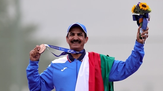 Tokyo 2020 Olympics - Shooting - Men's Skeet - Medal Ceremony - Asaka Shooting Range, Tokyo, Japan - July 26, 2021. Bronze medalist Abdullah Alrashidi of Kuwait celebrates REUTERS/Ann Wang(REUTERS)