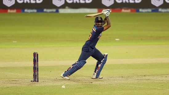 India's Suryakumar Yadav plays a shot during the T20 match between India and Sri Lanka(Twitter)