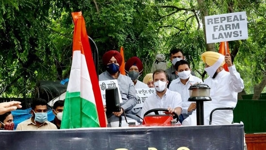 Congress Leader Rahul Gandhi arrived at Parliament on a tractor protest against new farm laws, in New Delhi.( )