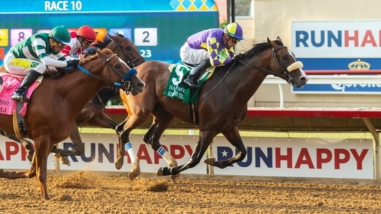 In a photo provided by Benoit Photo, Express Train and jockey Juan Hernandez, right, outleg Tripoli, left, with Tiago Pereira, to win the Grade II, $250,000 San Diego Handicap horse race Saturday, July 17, 2021, at Del Mar Thoroughbred Club in Del Mar, Calif. (Benoit Photo via AP)(AP)