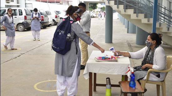 With around 75%students returning to school, BCM Arya Model Senior Secondary School, called students in two shifts. (Gurpreet Singh/HT)