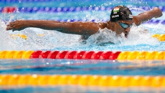 Sajan Prakash of India swims in a heat during the men's 200-meter butterfly at the 2020 Summer Olympics, Monday, July 26, 2021, in Tokyo, Japan. (AP Photo/Martin Meissner)(AP)