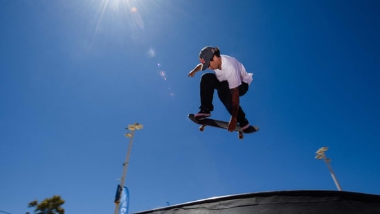 French skateboarder Vincent Matheron trains for the Tokyo Olympic Games at the Bowl du Prado skatepark in Marseille on June 24, 2021. - After being injured for several months, Vincent Matheron will join the French skateboard team to compete for the Olympic games in Tokyo. Skateboarding will make its debut appearance in the competition. (Photo by CLEMENT MAHOUDEAU / AFP)(AFP)