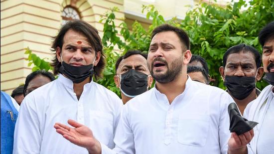 RJD leader Tejashwi Yadav addresses media outside Bihar legislative assembly during the first day of the monsoon session, in Patna on Monday July 26. (PTI) RJD leader Tejashwi Yadav addresses media outside Bihar legislative assembly during the first day of the monsoon session, in Patna on Monday July 26. (PTI)