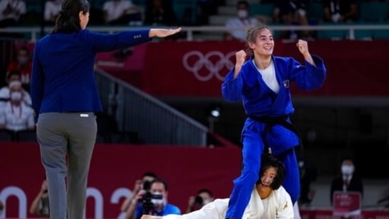 Nora Gjakova of Kosovo reacts as she competes with Tsukasa Yoshida of Japan in their women's -57kg semifinal judo match, at the 2020 Summer Olympics in Tokyo, Japan, Monday, July 26, 2021. (AP Photo/Vincent Thian)(AP)