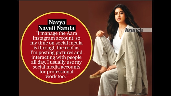 Navya Naveli Nanda handles the Aara Health Instagram account; T-shirt and pantsuit, Zara; shoes, Vans (Subi Samuel) Navya Naveli Nanda handles the Aara Health Instagram account; T-shirt and pantsuit, Zara; shoes, Vans (Subi Samuel)