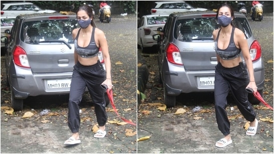 Malaika was snapped walking her dog in the streets of Mumbai by the paparazzi. She wore a printed black sports bra with a plunging U neckline, flaunting her toned midriff for the outing.(Varinder Chawla)