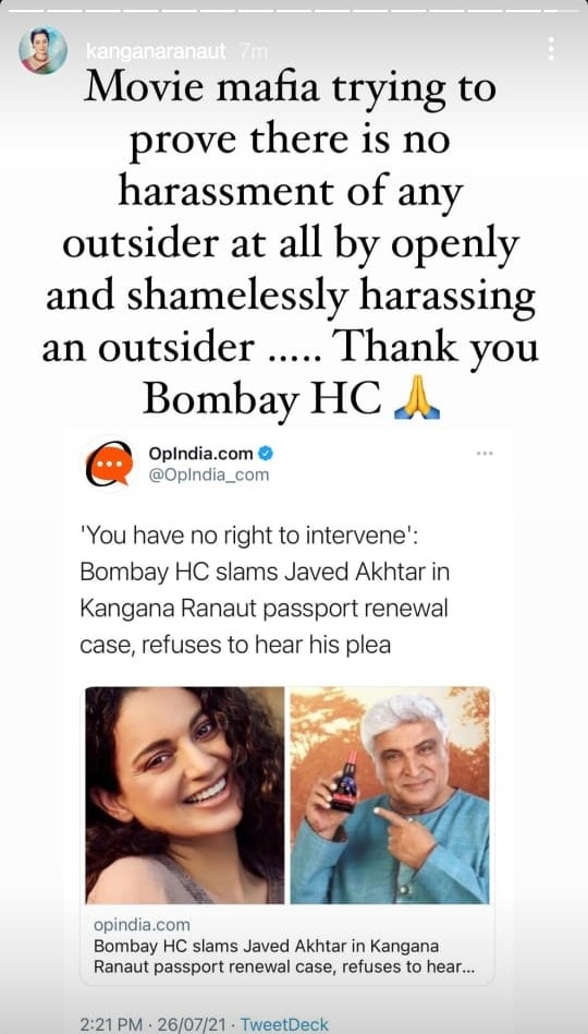 Kangana Ranaut reacts to Bombay HC refusing to hear Javed Akhtar's plea.