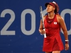 Tokyo 2020 Olympics - Tennis - Women's Singles - Round 3 - Ariake Tennis Park - Tokyo, Japan - July 27, 2021. Naomi Osaka of Japan reacts during her third round match against Marketa Vondrousova of Czech Republic