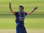 India's Yuzvendra Chahal celebrates the dismissal of Sri Lanka's Dhananjaya de Silva during the T20 match between India and Sri Lanka, at R.Premadasa Stadium in Colombo on Sunday.(ANI Photo) India's Yuzvendra Chahal celebrates the dismissal of Sri Lanka's Dhananjaya de Silva during the T20 match between India and Sri Lanka, at R.Premadasa Stadium in Colombo on Sunday.(ANI Photo)