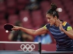 India's Manika Batra during her table tennis match against Austria's Sofia Polcanova at Tokyo Olympics 2020(PTI) India's Manika Batra during her table tennis match against Austria's Sofia Polcanova at Tokyo Olympics 2020(PTI)