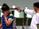 Tokyo: India's Manu Bhaker and Saurabh Chaudhary during the 10m Air Pistol Mixed Team shooting event, at the Summer Olympics 2020, in Tokyo, Tuesday, July 27, 2021. (PTI Photo/Gurinder Osan)(PTI07_27_2021_000003A)(PTI)