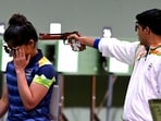 India's Manu Bhaker and Saurabh Chaudhary during the 10m Air Pistol Mixed Team shooting event Tokyo Olympics 2020(PTI)