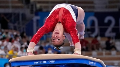 Grace McCallum, of the United States, performs on the vault during the artistic gymnastics women's final at the 2020 Summer Olympics, Tuesday, July 27, 2021, in Tokyo. (AP Photo/Gregory Bull) (AP) Grace McCallum, of the United States, performs on the vault during the artistic gymnastics women's final at the 2020 Summer Olympics, Tuesday, July 27, 2021, in Tokyo. (AP Photo/Gregory Bull) (AP)