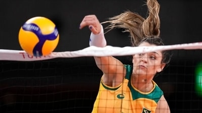 Brazil's Rosamaria Montibeller hits the ball during a women's volleyball preliminary round pool A match against the Dominican Republic, at the 2020 Summer Olympics, Tuesday, July 27, 2021, in Tokyo, Japan. (AP Photo/Manu Fernandez) (AP) Brazil's Rosamaria Montibeller hits the ball during a women's volleyball preliminary round pool A match against the Dominican Republic, at the 2020 Summer Olympics, Tuesday, July 27, 2021, in Tokyo, Japan. (AP Photo/Manu Fernandez) (AP)