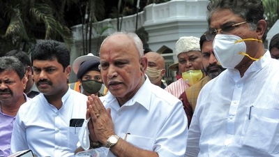 BS Yediyurappa speaks to the medias outside the Governor's official residence after tendering his resignation on Monday. (AFP) BS Yediyurappa speaks to the medias outside the Governor's official residence after tendering his resignation on Monday. (AFP)