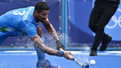 India's Rupinder Pal Singh strikes the ball during the men's pool A match of the Tokyo 2020 Olympic Games field hockey competition against Spain, at the Oi Hockey Stadium in Tokyo on July 27, 2021. (Photo by JEFF PACHOUD / AFP) (AFP) India's Rupinder Pal Singh strikes the ball during the men's pool A match of the Tokyo 2020 Olympic Games field hockey competition against Spain, at the Oi Hockey Stadium in Tokyo on July 27, 2021. (Photo by JEFF PACHOUD / AFP) (AFP)