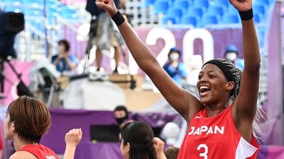 Japan's Stephanie Mawuli celebrates after wining at the end of the women's first round 3x3 basketball match between USA and Japan at the Aomi Urban Sports Park in Tokyo, on July 27, 2021 during the Tokyo 2020 Olympic Games. (AFP) Japan's Stephanie Mawuli celebrates after wining at the end of the women's first round 3x3 basketball match between USA and Japan at the Aomi Urban Sports Park in Tokyo, on July 27, 2021 during the Tokyo 2020 Olympic Games. (AFP)