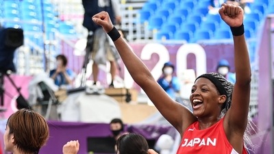 Japan's Stephanie Mawuli celebrates after wining at the end of the women's first round 3x3 basketball match between USA and Japan at the Aomi Urban Sports Park in Tokyo, on July 27, 2021 during the Tokyo 2020 Olympic Games. (AFP) Japan's Stephanie Mawuli celebrates after wining at the end of the women's first round 3x3 basketball match between USA and Japan at the Aomi Urban Sports Park in Tokyo, on July 27, 2021 during the Tokyo 2020 Olympic Games. (AFP)
