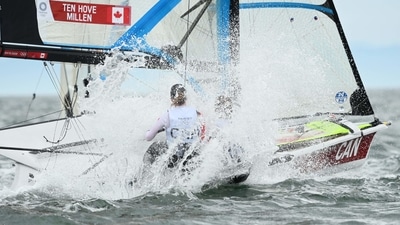 Canada's Mariah Millen and Canada's Alexandra Ten Hove compete in the women's skiff 49er FX race 2 during the Tokyo 2020 Olympic Games sailing competition at the Enoshima Yacht Harbour in Fujisawa, Kanagawa Prefecture, Japan, on July 27, 2021. (Photo by Peter PARKS / AFP) (AFP) Canada's Mariah Millen and Canada's Alexandra Ten Hove compete in the women's skiff 49er FX race 2 during the Tokyo 2020 Olympic Games sailing competition at the Enoshima Yacht Harbour in Fujisawa, Kanagawa Prefecture, Japan, on July 27, 2021. (Photo by Peter PARKS / AFP) (AFP)