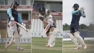 (L-R): Rishabh Pant, Virat Kohli and KL Rahul training ahead of England Tests (HT Collage)