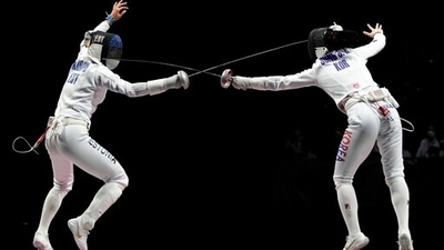 Erika Kirpu of Estonia, left, and Sera Song of South Korea compete in the women's individual Epee team final competition at the 2020 Summer Olympics, Tuesday, July 27, 2021, in Chiba, Japan. (AP Photo/Hassan Ammar) (AP) Erika Kirpu of Estonia, left, and Sera Song of South Korea compete in the women's individual Epee team final competition at the 2020 Summer Olympics, Tuesday, July 27, 2021, in Chiba, Japan. (AP Photo/Hassan Ammar) (AP)