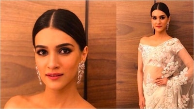 Kriti wore a see-through floral embroidered white saree for Anushka Sharma and Virat Kohli’s wedding reception. Her off-shoulder blouse added more charm to her entire look. (Instagram/@kritisanon)