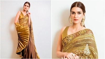 Another gorgeous saree Kriti looked to-die-for is the golden sequenced saree by Manish Malhotra for her Diwali celebrations. With minimal makeup and a basic ponytail, Kriti stole hearts of many with her look. (Instagram/@kritisanon)