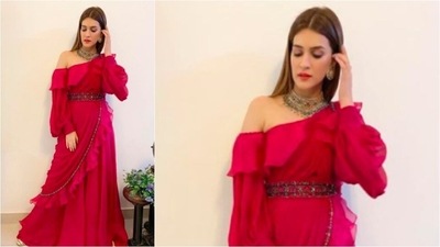 One of the most stylish and trendy sarees worn by the actor is this "fuchsia one-shoulder draped jumpsuit with a boho-belt" by Ridhi Mehra. (Instagram/@ridhimehraofficial)