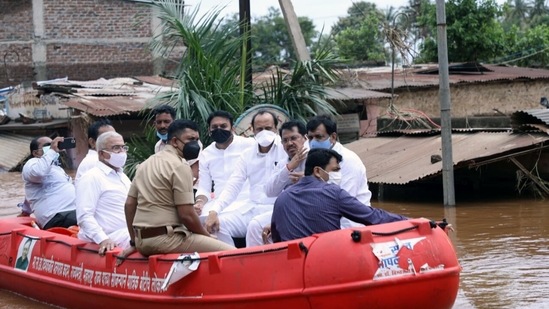 Maharashtra Deputy Chief Minister Ajit Pawar visits the flood-affected area of Bhilwadi area, in Sangli on July 26. (ANI)