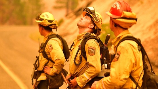 Cal Fire firefighter Jesse Forbes (C) watches a tree ignite in flames as his crew lights a backfire to help stop the spread of the Dixie fire in the Prattville community of unincorporated Plumas County on July 23. The Dixie fire, which started only a few miles from the origin of the deadly Camp fire, has churned through more 150,000 acres and continues to burn towards rural communities.(Josh Edelson / AFP)