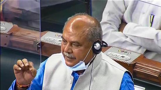 Union agriculture minister Narendra Singh Tomar speaks in Lok Sabha in New Delhi on Tuesday, July 27. (PTI)