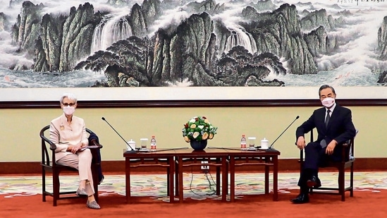 US Deputy Secretary of State Wendy Sherman meets Chinese Foreign Minister Wang Yi in Tianjin on Monday.ap(MINT_PRINT)