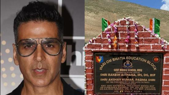 Actor Akshay Kumar and the foundation stone which was laid for the school in Kashmir