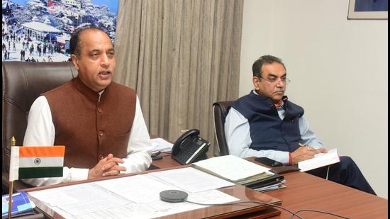 Himachal chief minister Jai Ram Thakur inaugurating and laying foundation stones of 19 development projects virtually from Shimla on Tuesday. (HT Photo)