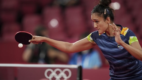 India's Manika Batra during her table tennis match against Austria's Sofia Polcanova at Tokyo Olympics 2020(PTI)
