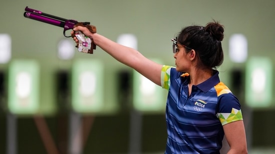 India's Manu Bhaker during the 10m Range Air Pistol Mixed Team event at Tokyo Olympics(PTI)