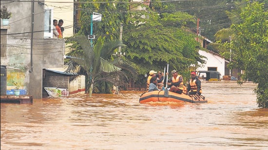 Boats deployed to rescue stranded residents after heavy rain caused the Panchganga river to overflow and flood Kolhapur on July 24. Inclusive partnerships is needed to ensure cities pass the “climate tests”. (ANIL VELHAL/HT)