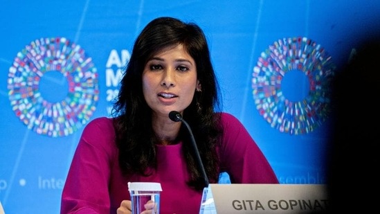 Gita Gopinath, chief economist at the International Monetary Fund (IMF) speaks at a World Economic Outlook news conference in Washington on Tuesday. (Bloomberg)