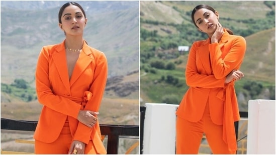 Boss Lady Kiara Advani pulls off a bold look in tangerine pantsuit for  Shershaah promotions