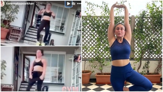 A senior woman with sports bra outdoors on a terrace in summer, exercising., Stock image