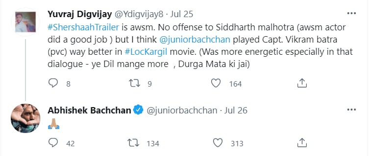Abhishek Bachchan thanked the fan with a folded hands emoji.