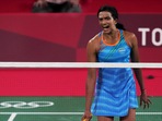 Pusarla V. Sindhu reacts after winning a point against Hong Kong China's Ngan Yi Cheung, in the women's singles badminton match at the Summer Olympics 2020.