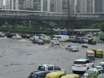The Iffco Chowk main road was heavily flooded. (Parveen Kumar/HT Photo) The Iffco Chowk main road was heavily flooded. (Parveen Kumar/HT Photo)