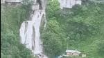 Kempty Falls in Mussoorie, Uttarakhand was declared out of bounds for tourists interested in bathing due to surge in water levels following heavy rain. (HT Photo)