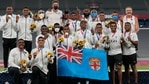 Fiji's team poses with their gold medals after winning men's rugby sevens at the 2020 Summer Olympics, Wednesday, July 28, 2021 in Tokyo, Japan.(AP) Fiji's team poses with their gold medals after winning men's rugby sevens at the 2020 Summer Olympics, Wednesday, July 28, 2021 in Tokyo, Japan.(AP)