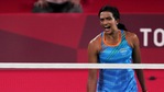 Pusarla V. Sindhu reacts after winning a point against Hong Kong China's Ngan Yi Cheung, in the women's singles badminton match at the Summer Olympics 2020.(PTI) Pusarla V. Sindhu reacts after winning a point against Hong Kong China's Ngan Yi Cheung, in the women's singles badminton match at the Summer Olympics 2020.(PTI)